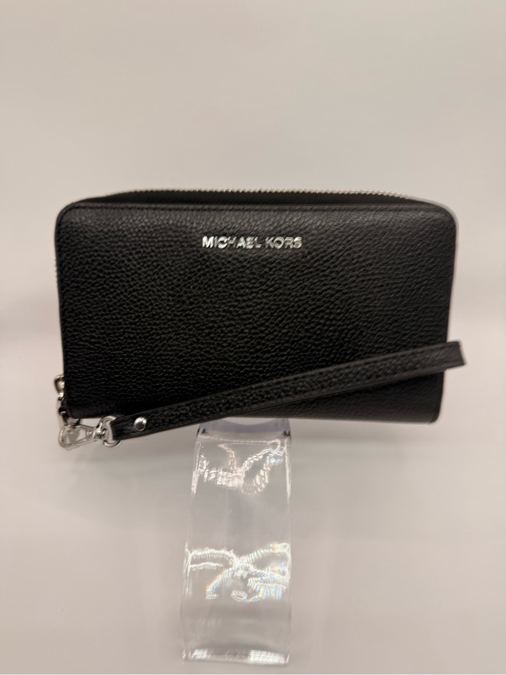 Michael Kors Black Pebbled Leather Zip-Around Wristlet with Silver Hardware